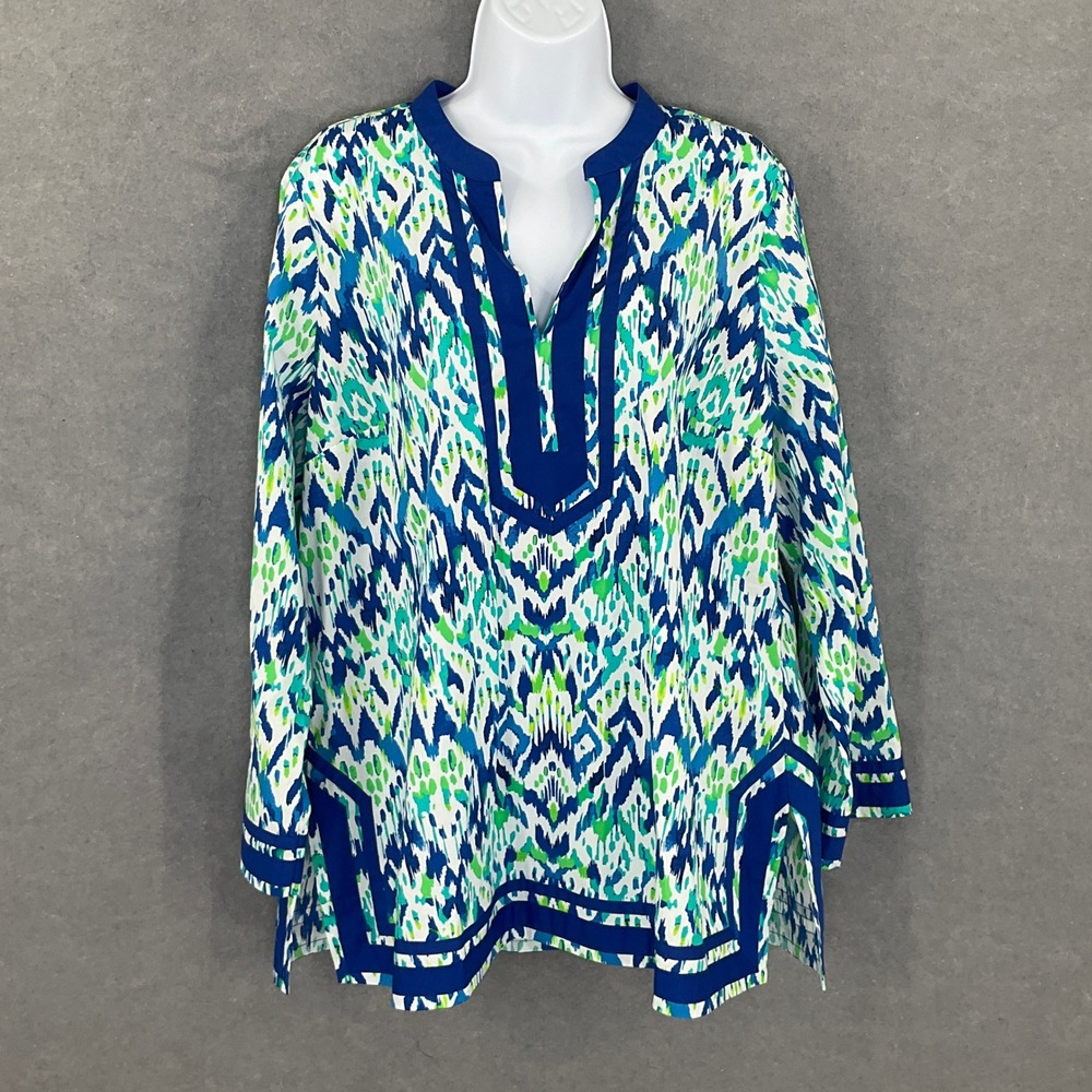 Soft Surroundings Tunic Top Women's XL Blue‎ Green Print Cruise Travel Vacation